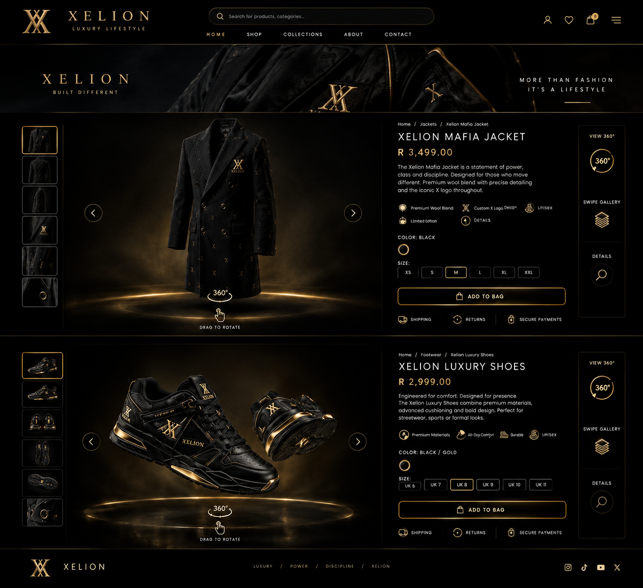 XELION black and gold luxury storefront concept