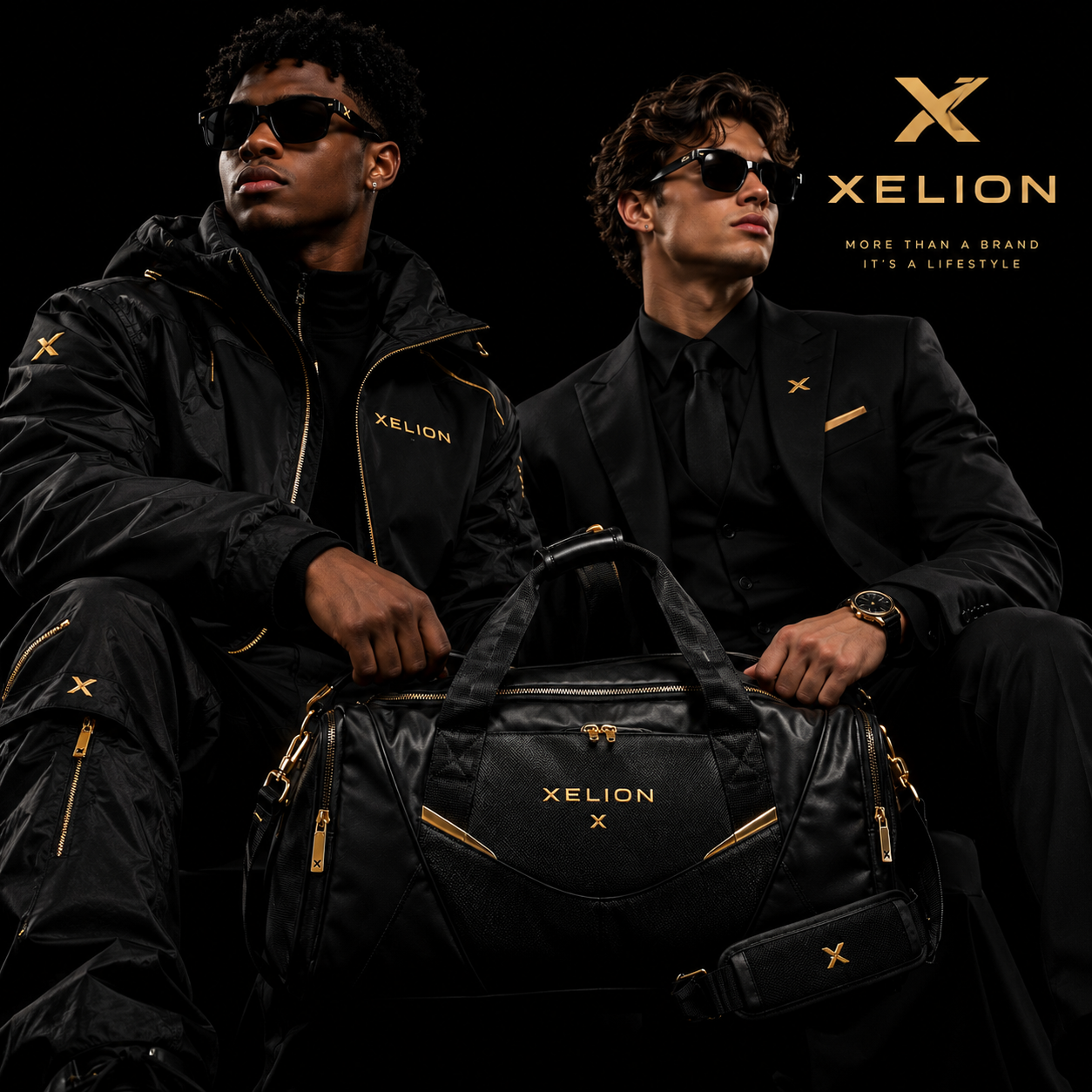 XELION campaign featuring models in a black jacket and black suit with the signature duffel bag