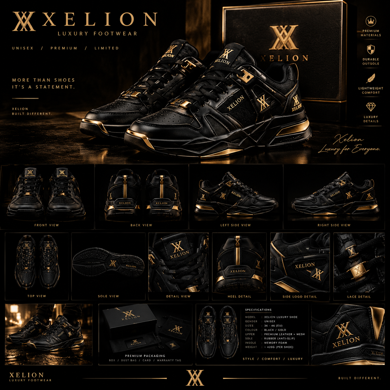 XELION black and gold footwear concept board